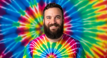 Man with a thick beard smiles broadly while wearing a vibrant tie-dye shirt against a colorful background.