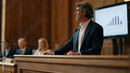Biotechnology lawyer presenting gene sequence patent claim diagrams on a courtroom display screen during a genomics intellectual property hearing, opposing legal counsel and scientific expert witnes