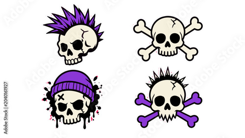 Cuadro en lienzo Set of cartoon skull stickers with punk hair and crossbones
