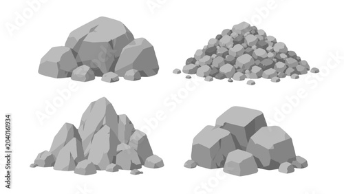 Set of gray rock piles and stone heaps isolated on white