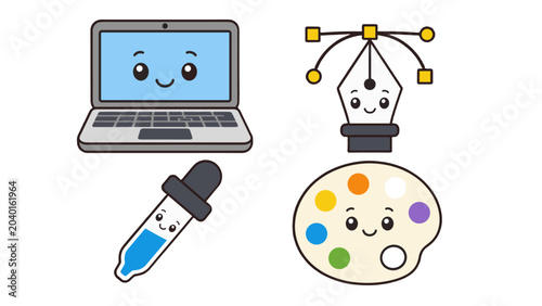 Cute design tools characters set with laptop pen nib and palette