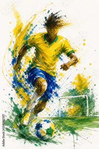 Brazil national football team wallpaper, banner, poster, background. Brazil national team colors on dynamic soccer player kicking a ball with watercolor paint splatters