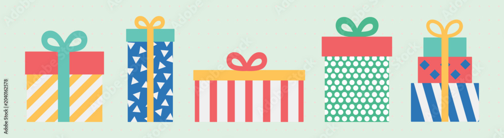 Fototapeta premium Colorful vector illustration of five wrapped gift boxes with bows.