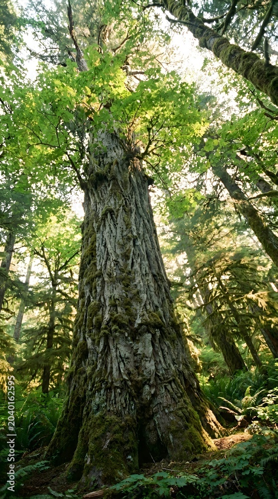 Fototapeta premium Ancient mossy tree trunk viewed from a low angle looking up towards the forest canopy in a dense temperate woodland environment