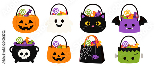 Tableau sur toile Halloween candy buckets and treat bags cartoon vector set