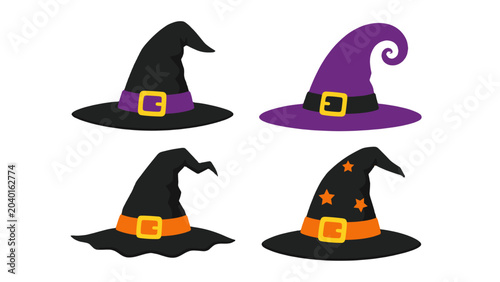 Schilderij op canvas Set of four cartoon witch hats in black and purple