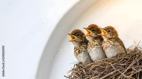 Baby sparrows begging for food with open beaks while sitting in a detailed straw nest against a clean white background for wildlife education and professional nature conservation concepts.