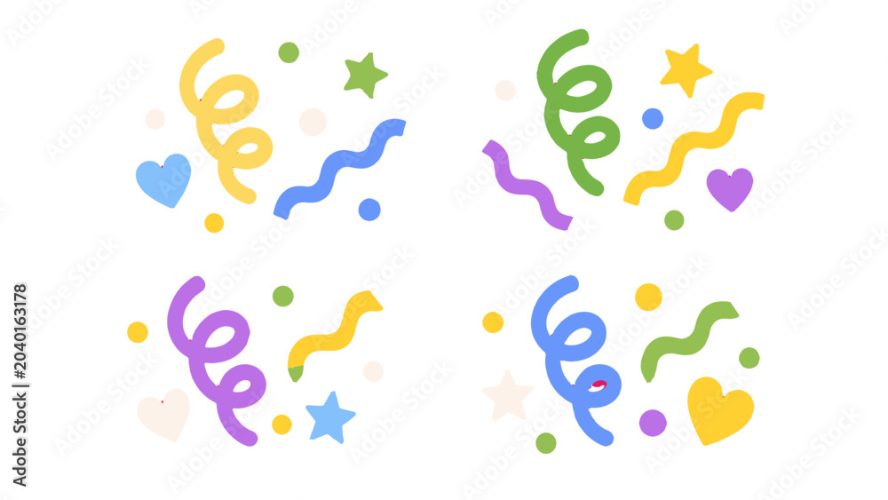Fototapeta premium Colorful hand drawn confetti doodles with streamers and shapes