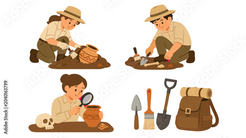 Photos Archaeologists excavating artifacts with tools and pottery set