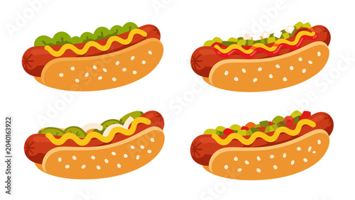 Картината върху платно Set of cartoon hot dog stickers with different toppings