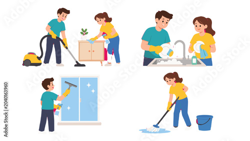 Foto Couple doing household cleaning chores in flat vector scenes