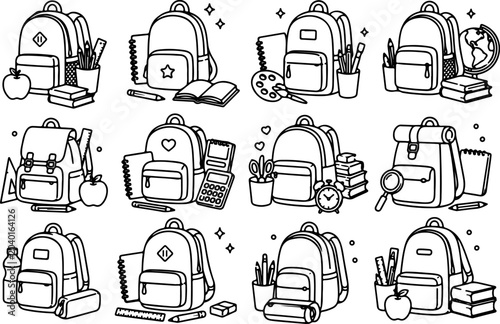 set of icons of various school and children's backpacks and various office supplies near them in line art style, for logos, branding, background design or social media