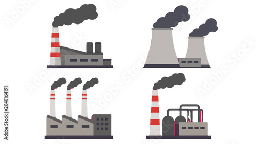 Fotografie Industrial factory chimneys with smoke in flat vector set