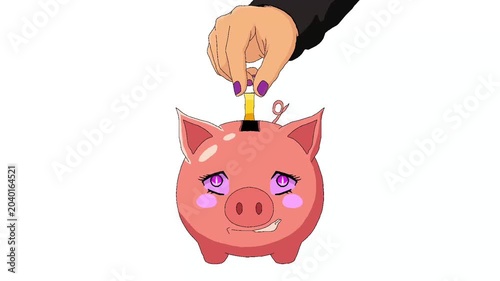 A pink piggy bank faces forward, while a hand with purple nails inserts coins into the savings slot at the top. Suitable for educational content on finance, business, economics, and financial success.