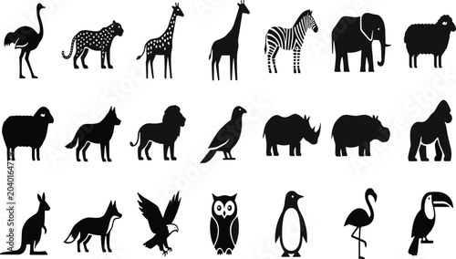 Photography Logistics and delivery glyph icon set featuring stick figure couriers, distribution trucks, warehouse storage, and parcel handling processes