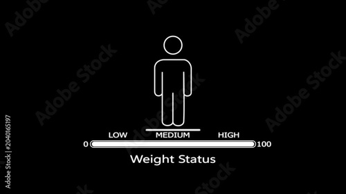 White line of a human figure with a weight status scale showing a medium level against a solid black background