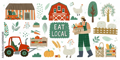 Foto Farm Scene Collection With Vegetables Animals And Typography Vector Illustration