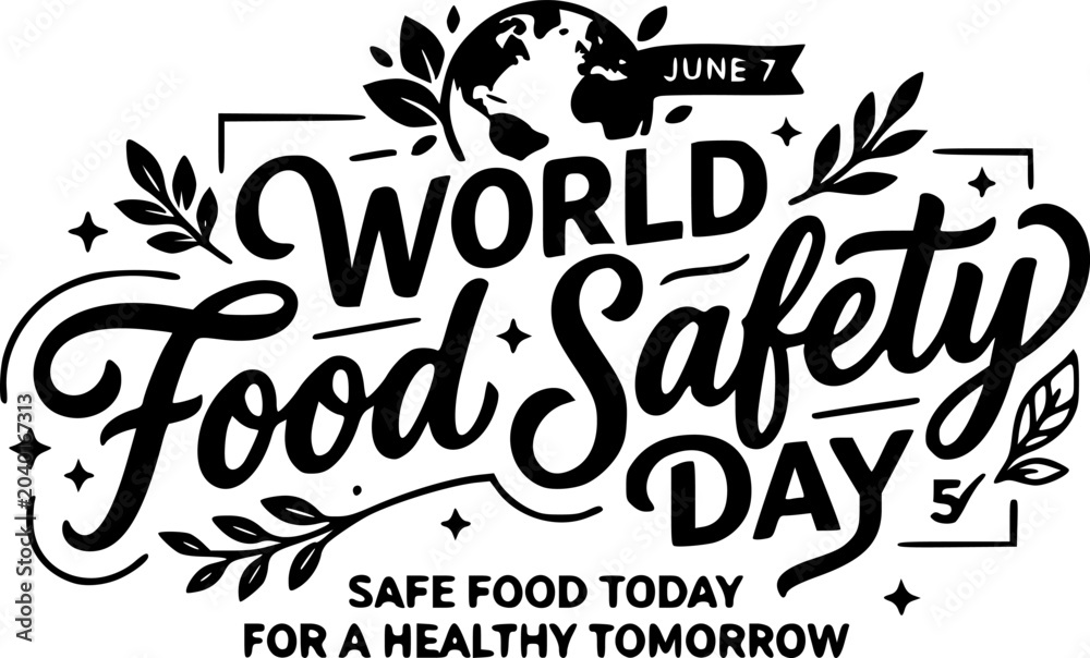 Fototapeta premium World Food Safety Day June 7 bold script typography poster with globe, floral laurel, and slogan Safe Food Today for a Healthy Tomorrow for awareness campaigns and banners.