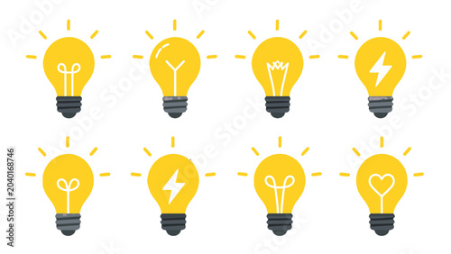 Set of glowing light bulb icons with different filament shapes