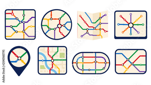 Foto Set of colorful transit map icons in flat vector style