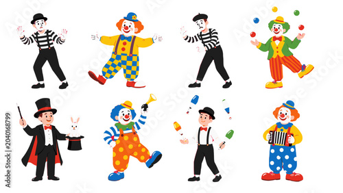 Canvastavla Set of circus clown, mime, magician and juggler cartoon characters