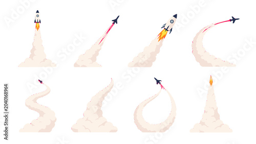 Tableau sur toile Set of rocket and jet launch smoke trails in flat vector style