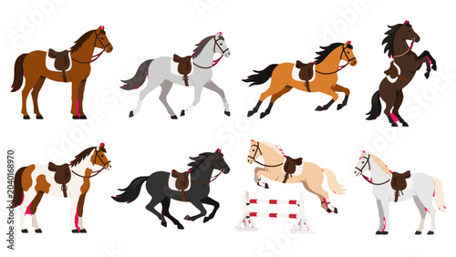 Quadro su tela Set of horse illustrations in standing, running, and jumping poses