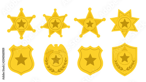 Quadro su tela Set of golden sheriff badges and police shield emblems