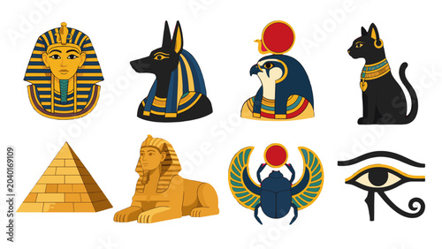 Fotografía Ancient Egyptian symbols set with pharaoh, gods, cat and pyramid