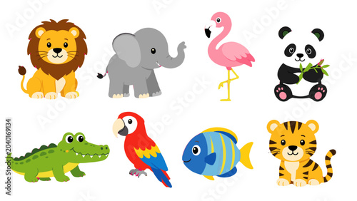 Photography Cute cartoon wild animals and tropical bird vector set