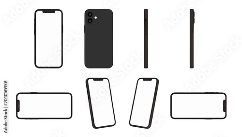 Fotografía Black smartphone mockup set with front back and side views