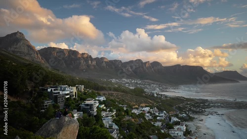 Cape Town Coastline At Golden Sunrise, Mountain Range And Rocky Headland Overlooking Atlantic Ocean, Rolling