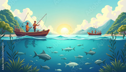Sustainable Fishing Vector Illustration for Eco Friendly Marine Conservation and Ethical Commercial Seafood Industry Concept
