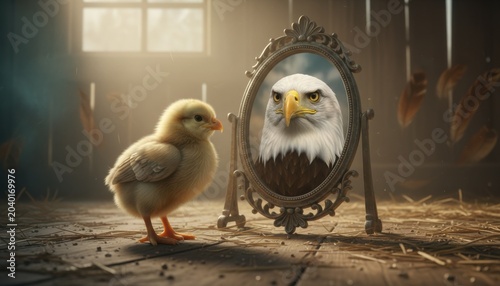 Small fluffy yellow chicken stands on wooden floor inside rustic barn look into vintage mirror showing reflection of proud bald eagle