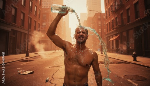 Shirtless man pours a bottle of cool water over his head to find relief from the scorching sun on a dry urban city street landscape