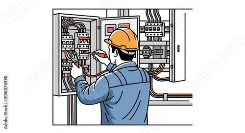 Electrician working on electrical panel with tools.