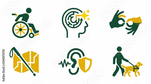 Set of disability and accessibility icons featuring wheelchair user, mental health, sign language, cane, hearing aid, and guide dog in flat vector style
