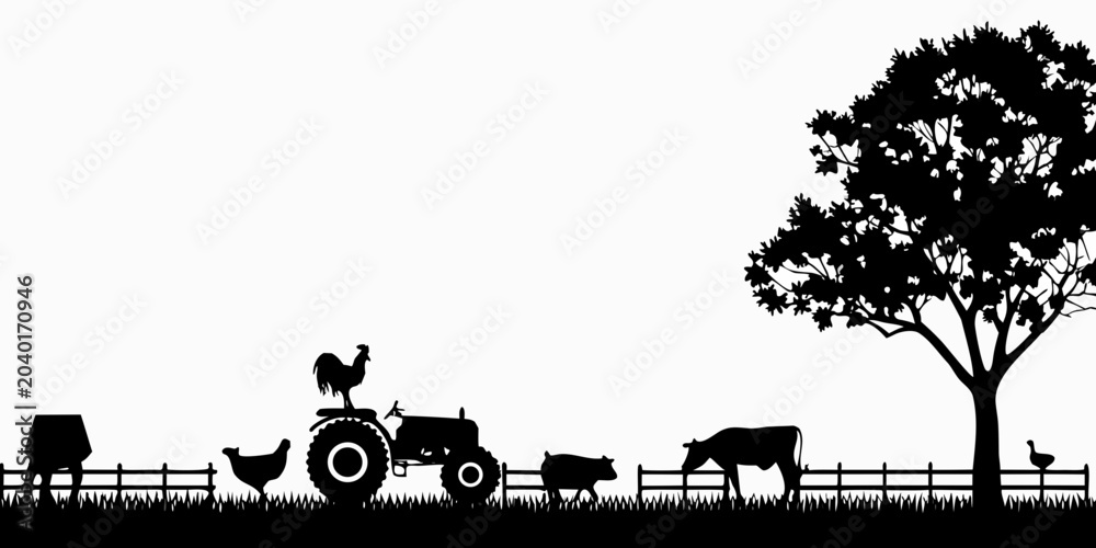 Obraz premium Farm Scene Silhouette Illustration With Tractor Livestock And Trees