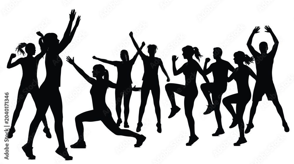 Fototapeta premium Group of energetic people performing fitness exercises in a high energy aerobics class captured as a clean black vector illustration on a white background for health and wellness design projects.