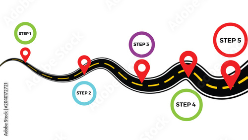 Road Map Infographic Template with Location Pins and 5 Steps Business Process Vector