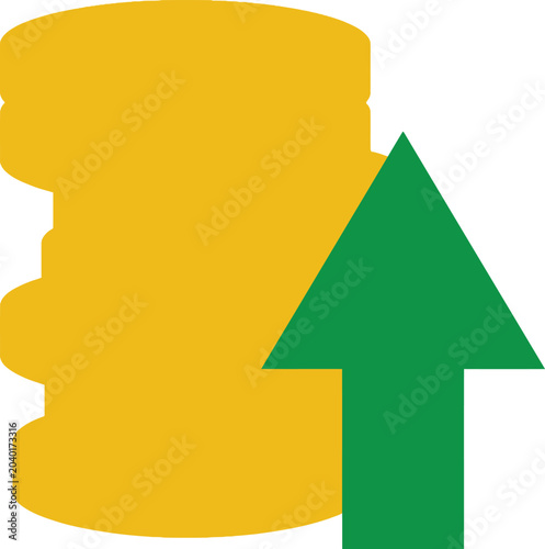 Flat Vector Illustration of Gold Coins Stack with Growth Arrow Finance Icon