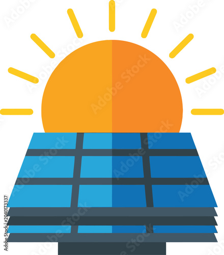 Solar panel with sun icon vector illustration, renewable energy concept, blue and orange flat design isolated on white