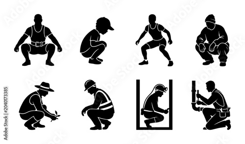 Tableau sur toile 8 Worker Silhouettes Crouching Poses, Flat, for Construction and Manual Labor Co
