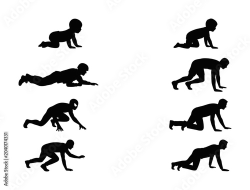 Foto 8 Stages of Human Crawling Development Silhouette Icons, Silhouette, for Childho