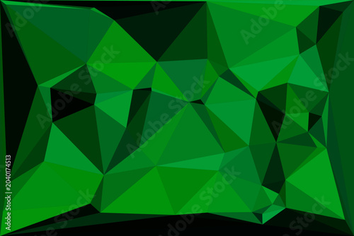 Vibrant green geometric low poly background featuring abstract sharp triangular patterns.
