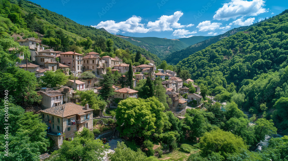 Fototapeta premium Aerial view of a hillside village with stone buildings and red tile roofs nestled among lush green trees