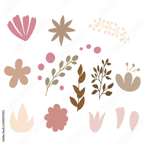 Boho floral clipart set with abstract flowers and botanical elements