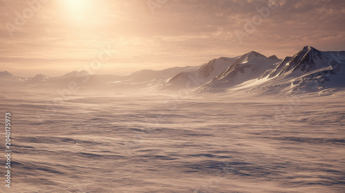 A panoramic view of snow covered mountains and plains under a bright sky during the daytime scene outdoors