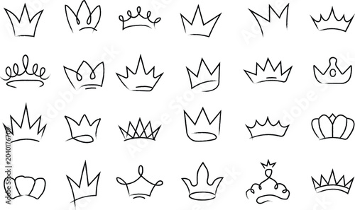 Fotografie Collection of hand drawn black crown isolated on a white background, various roy