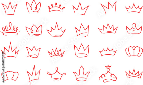 Collection of hand drawn red crown isolated on a white background, various royal headgear shapes for annotation
